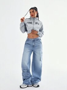 SHEIN EZwear Quần Jeans Denim Thường Ngày Nhiều Túi Cài Nút Phía Trước Đơn Giản Cho Nữ - Màu xanh lam - Xem 1