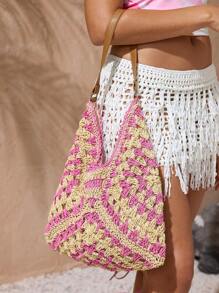 SHEIN VCAY Women's Summer Holiday Handmade Straw Contrast Color Geometric Pattern Pink Straw Shoulder Bag - Pink - View 4