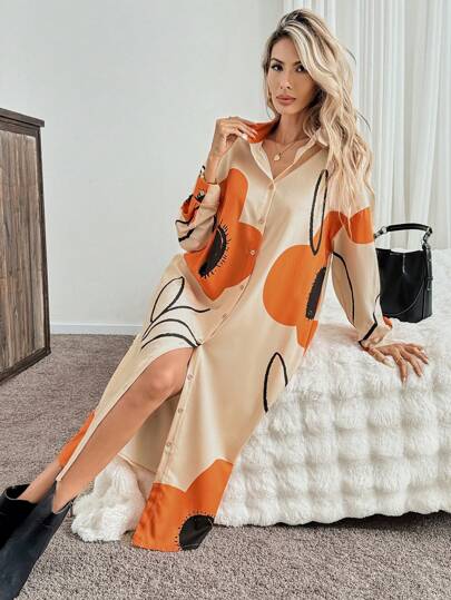 SHEIN LUNE Autumn Floral Print Button Front Long Shirt Dress For Women