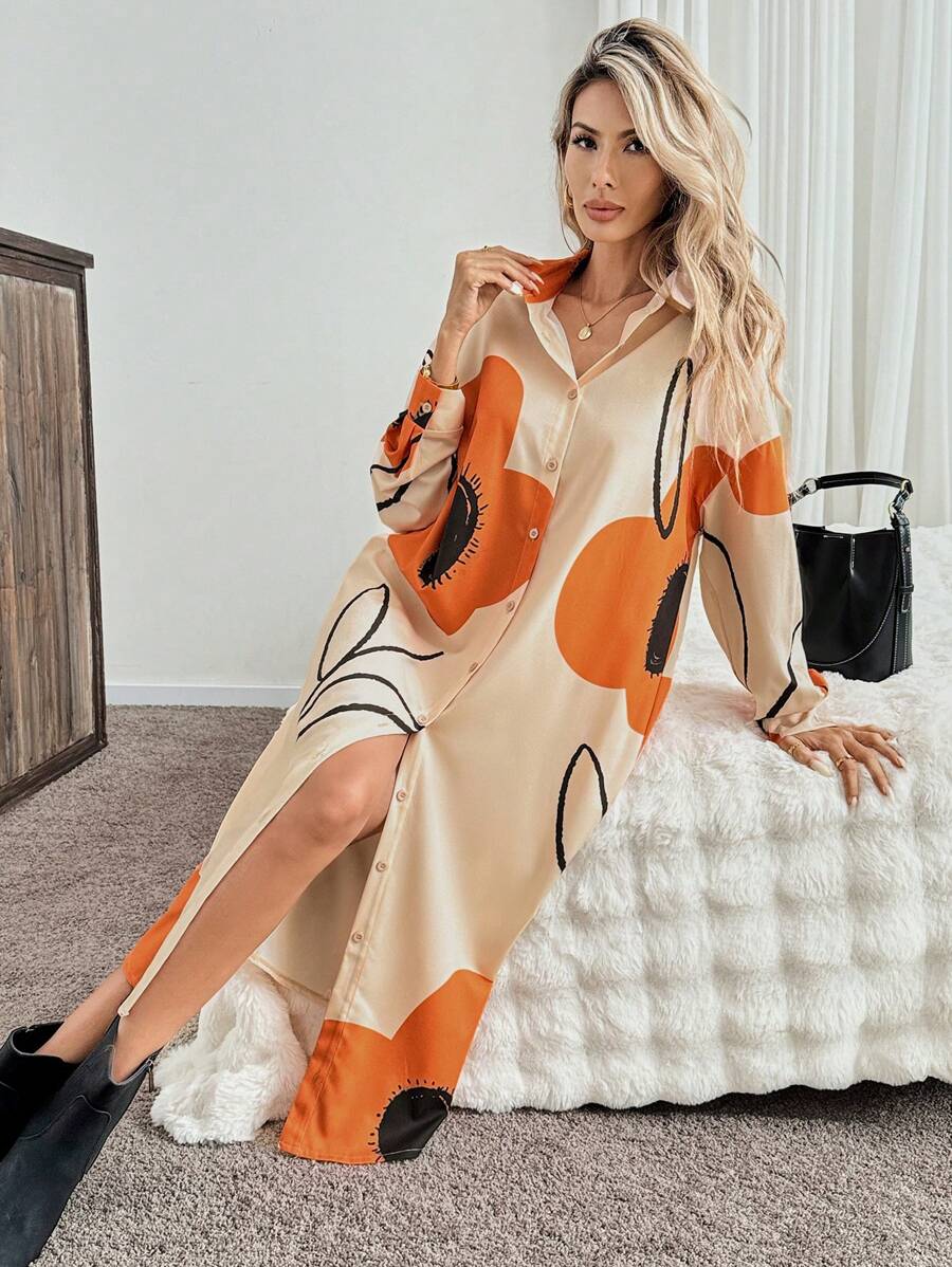 SHEIN LUNE 秋季女式花卉印花前纽扣长衬衫裙 - 彩色 - 查看 1