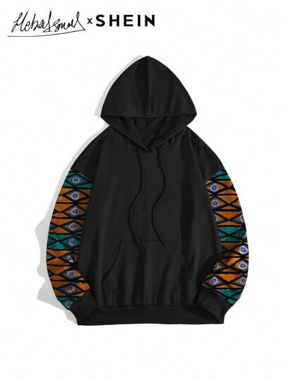 Seusyu Women Geometric Print Long Sleeve Drawstring Hoodie For Autumn And Winter, Casual Comfy Pullover Top Fall