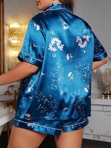 植物印花领口仿丝短袖短裤大码睡衣套装 - 藍色 - 查看 2