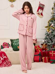 少女睡衣两件套，粉色简约樱桃刺绣长裤和长袖开衫，时尚家居服 - 粉色 - 查看 3