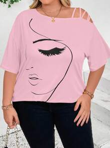 SHEIN CURVE+ 大码女式抽象脸印花不对称领落肩休闲T恤图案T恤女式上衣 - 粉色 - 查看 6