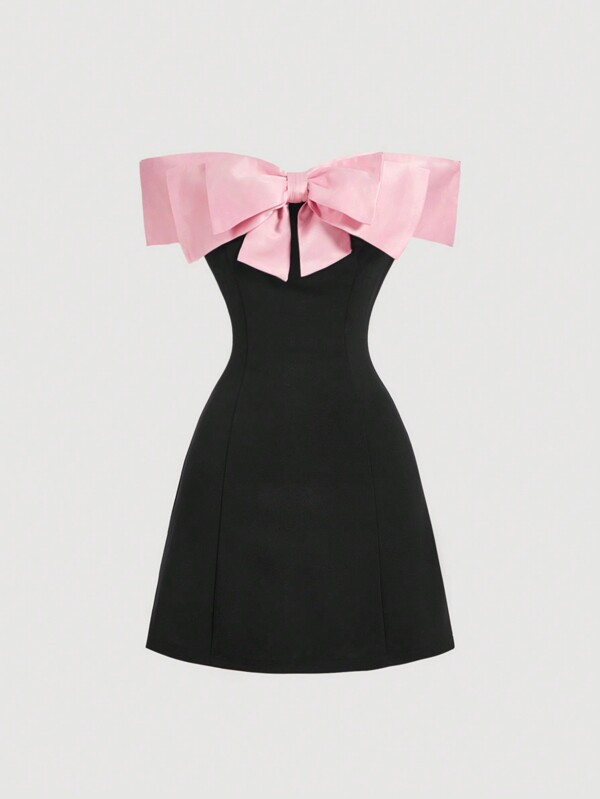 SHEIN MOD Women's Open Shoulder Contrast Bow Tie Short Dress, Black Cocktail Dress For Party,Black Homecoming Dress,Elegant Women Dresses,Black Mini Dress