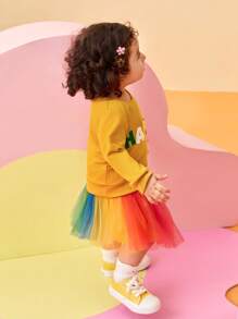 SHEIN 女宝宝清新风格字母刺绣卫衣连衣裙套装 - 芥末黃 - 查看 4