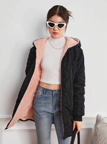 少女冬季拉链连帽长袖厚泰迪熊保暖衬里绗缝渐变色图案填充中长外套