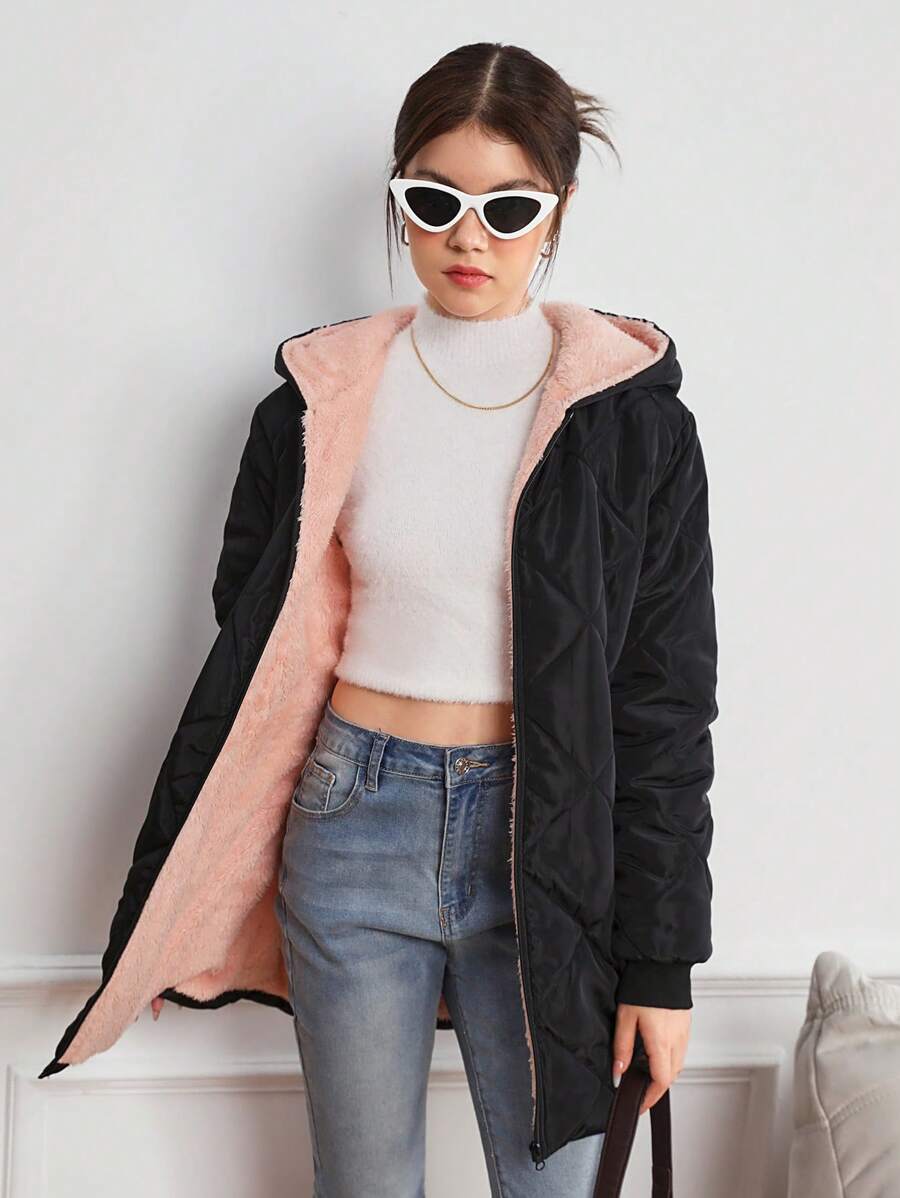 少女冬季拉链连帽长袖厚泰迪熊保暖衬里绗缝渐变色图案填充中长外套