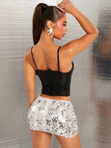SHEIN SXY Áo corset hở lưng bằng vải kim tuyến đen gợi cảm - màu đen - Xem 2