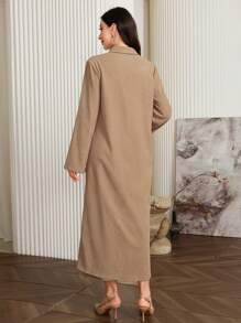 Al Najma Bộ 2 váy xòe và áo choàng vải chéo trơn màu giản dị mùa xuân/thu dành cho nữ, bộ trang phục Abaya hai mảnh giản dị, phù hợp cho trang phục thường ngày/công sở/tiệc tối - Màu Khaki - Xem 4