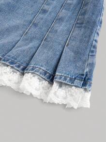 SHEIN MOD Women Lace Patchwork Bowknot Decor Denim Mini Skirt