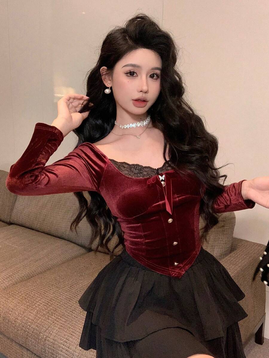 DAZY Áo thun dài tay phối ren nhung dự tiệc ngày lễ tình nhân cho nữ, trang phục trở lại trường, trang phục Giáng sinh cho nữ mùa thu - Đỏ - Xem 1