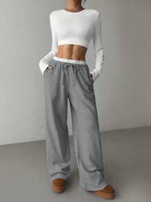 SHEIN EZwear 女士休闲宽松针织阔腿运动裤，灰色 - 深灰色 - 查看 6