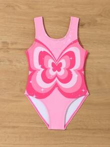 年轻女孩可爱蝴蝶印花连体泳衣 - 彩色 - 查看 3