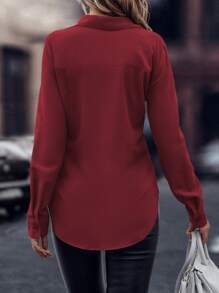 SHEIN LUNE 女士春夏纯色长袖单排扣休闲办公室秋季衬衫新年衣服女式衬衫，长袖上衣 - 紅色 - 查看 2