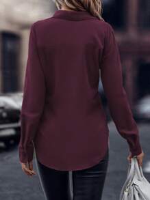 EMERY ROSE Solid Color Button Down Long Sleeve Casual Shirt Fall Cloth For Women - Red Violet - View 2