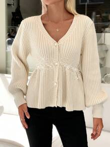 EURMUSE Pearl Accent A-Line Flared Sleeves Casual Cardigan, Spring/Fall - Apricot - View 4