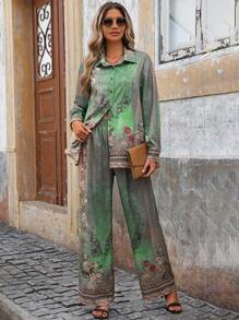 SHEIN LUNE 2 件套复古花卉印花女式上衣和裤子套装，休闲中式风格服装 - 薄荷綠 - 查看 4