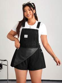 SHEIN EZwear 大码女式休闲宽松可调节肩带牛仔连体裤，蓝色 - 黑色 - 查看 6