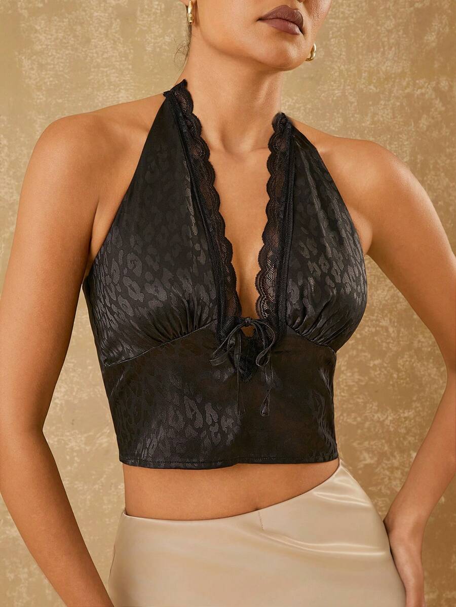 Hauture 女士豹纹提花撞色蕾丝无袖挂脖背心 - 彩色 - 查看 1