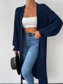 EURMUSE 女式落肩长袖大口袋纯色针织休闲开衫 - 藏蓝色 - 查看 4