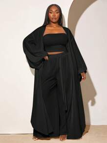 SHEIN SXY Conjunto de 3 piezas de mujer talla grande para primavera y otoño: cárdigan maxi de manga farol de un solo color con frente abierto, top tubo y pantalón de pierna ancha - Negro - Ver 5