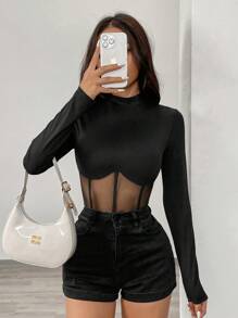 Chiquease 女士新年百搭高领毛衣，收腰设计，透明性感网纱拼接长袖T恤 - 黑色 - 查看 6