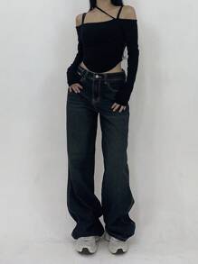 DAZY 女士休闲洗水直筒宽松牛仔裤 - 藍色 - 查看 2