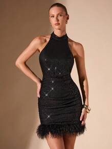 SHEIN BAE 女士万圣节派对低胸褶饰亮片羽毛紧身连衣裙 - 黑色 - 查看 3