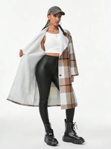 SHEIN EZwear Coolane Street Style Casual Y2k Plaid Print Button Front Coat Thermal Lined