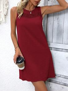 EMERY ROSE 女式夏季纯色撞色蕾丝圆领休闲背心裙 - 酒紅色 - 查看 3