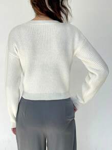 EURMUSE Casual Cute Crop Brushed Yarn Drop Shoulder Rib Knit Diamond Button Detailed Cardigan - White - View 7