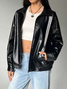 SHEIN EZwear Women's Oversized Long Sleeve Embossed PU Casual Jacket, Spring & Autumn - Black - View 5
