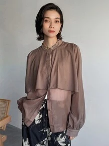 FRIFUL Camisa informal de un solo color marrón 2 en 1 para mujer, primavera y otoño - Marrón - Ver 5