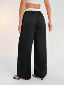 SHEIN PETITE Contrast Color Double Waist Satin Glossy Women's Wide Leg Pants ,Petite Women - Black - View 2