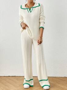 Chiquease Áo len dài tay cổ màu tương phản và quần dệt kim cho nữ, trang phục thường ngày, mùa thu đông - Màu be - Xem 3