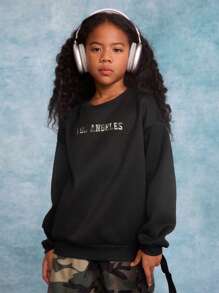 SHEIN 2pcs Tween Girls Solid Color Letter Printed Crew Neck Sweatshirt And Sweatpants Set - Multicolor - View 3