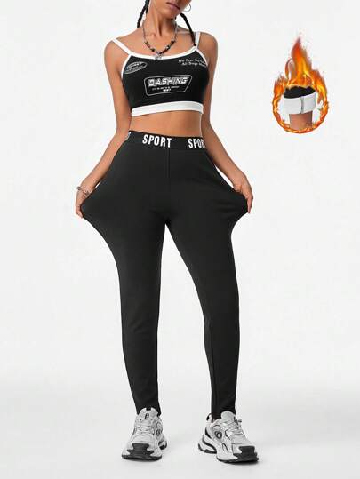 SHEIN EZwear Women's Fall Going Out Sportswear Knit Lettered Ribbon Lined Stretchy Elastic Waistband Workout Black High Waisted  Leggings For Back To School