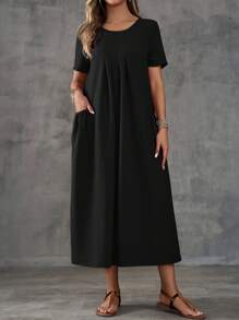 EMERY ROSE Women Solid Color Dual Pocket Casual Beach Dress - Black - View 3