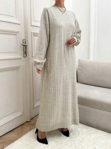 EURMUSE Casual Rib Knit Maxi Long Sleeve Crew Neck Sweater Dress - Beige - View 4