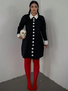 Flirla Plus Size Dark Halloween Wednesday Dress - Black - View 2