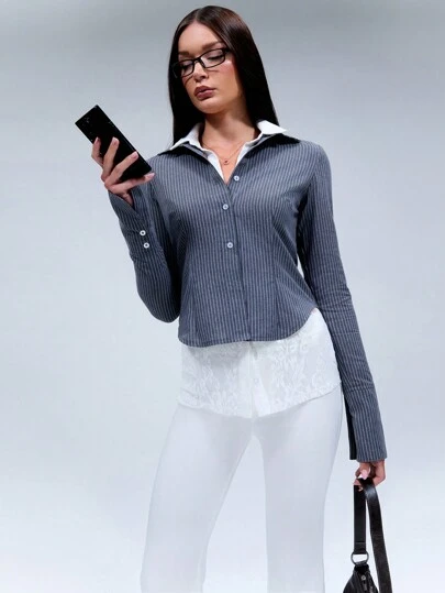 SHEIN Unity 细条纹加大码棉质袖口细节衬衫