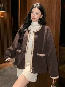 DAZY Women Round Neck Warm Cardigan Regular Jacket, Winter,Fall Women Clothes,Thermal Lined Women Coats - Coffee Brown - View 6