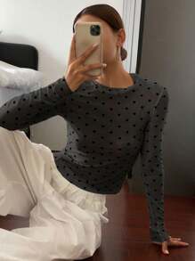 Livesso 女式圆点修身圆领长袖时尚透明衬衫 - 黑色 - 查看 6