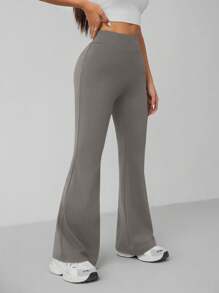 SHEIN PETITE Pantalones informales de cintura alta y acampanados de unicolor para mujer - Gris - Ver 3