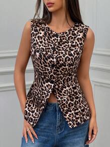 SHEIN EZwear Women's Leopard Print Front Button Sleeveless Casual Blazer