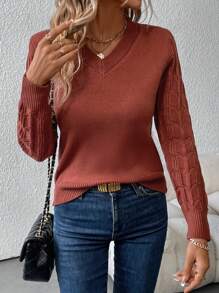 SHEIN Clasi Women's V-Neck Long Sleeve Sweater,Long Sleeve Tops In Fall/Winter - Rust Brown - View 7