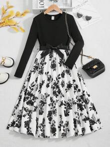 Firerie Kids Firerie Kids Tween 女童日常休闲针织黑白碎花拼布圆领长袖连衣裙 - 黑色 - 查看 7