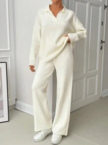 EURMUSE Woman Loose Fit Comfy Warm Thick Polo Neck Sweater And Pants Co-Ords Two Piece Set - Beige - View 2