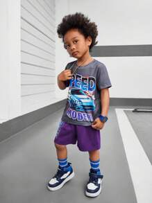 SHEIN 2 件装年轻男童休闲卡通汽车和字母印花短袖 T 恤和短裤夏季套装 - 彩色 - 查看 4